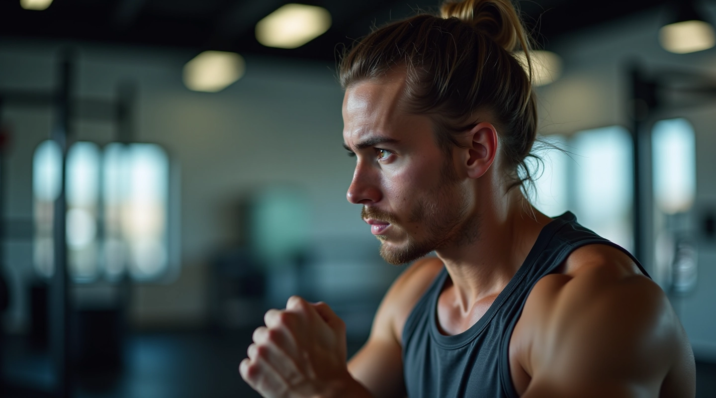 Professional athlete in focused mindset during intense training session, determination visible