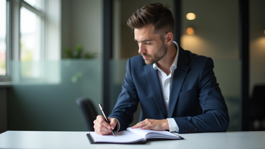 Professional at desk writing analysis notes, systematic approach to examining failure with structured documentation
