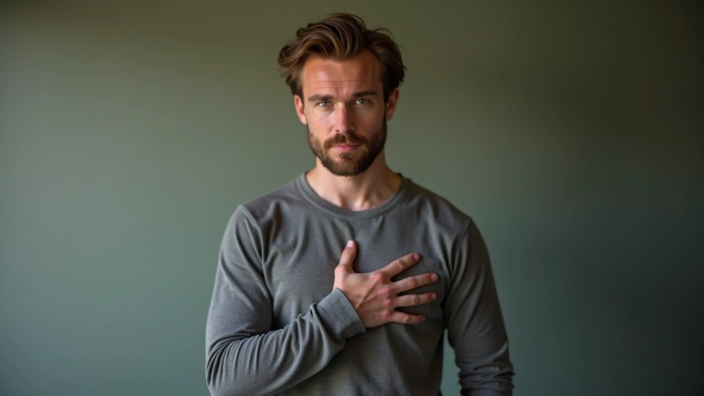 Person doing breathing exercise with hand on chest in calm environment