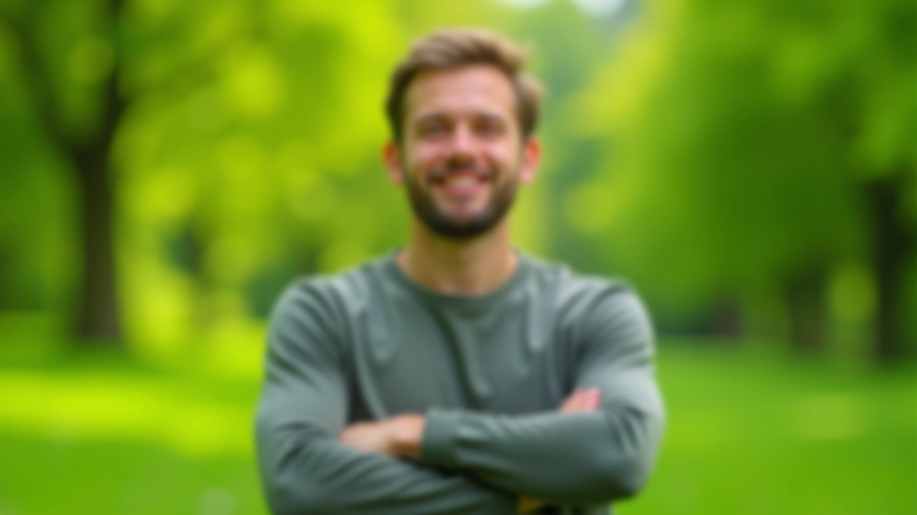 Person sitting outdoors in natural light, practicing breathing exercise with calm expression, trees visible in background